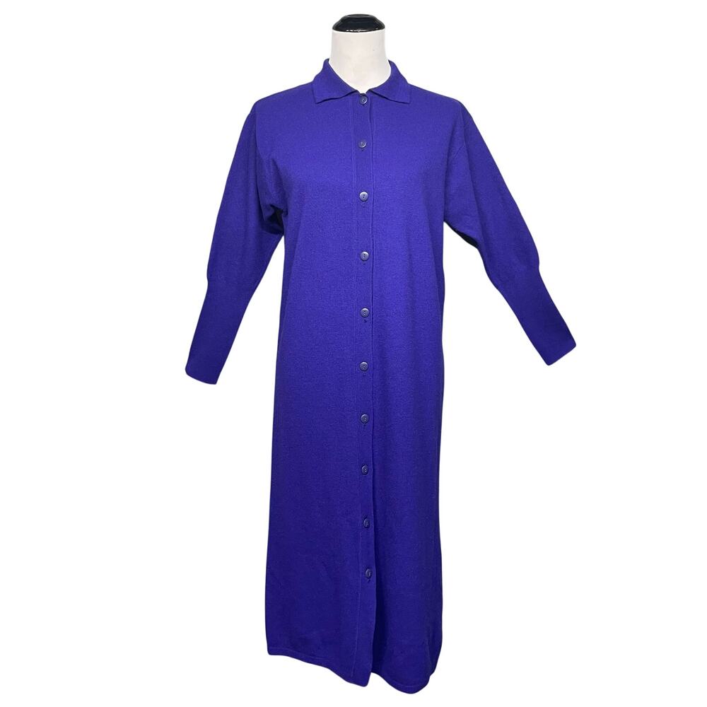 Vtg 80s Benetton Lambswool Purple Maxi Button Up Cardigan Dress Italy 44 US 12